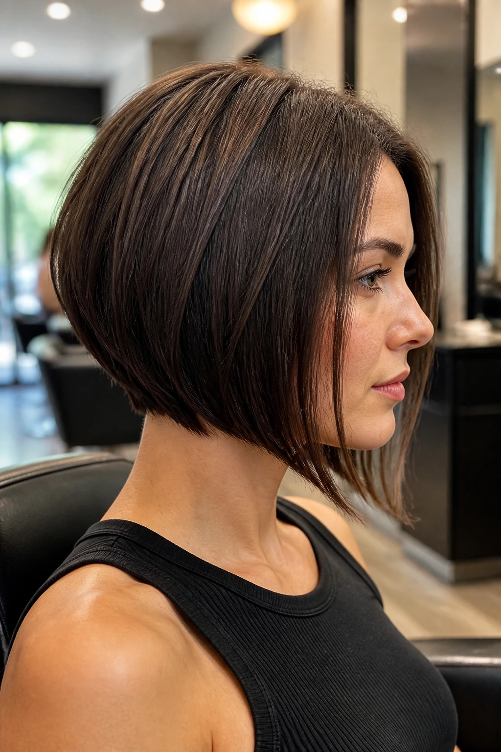Close-up portrait of a real woman with an inverted bob