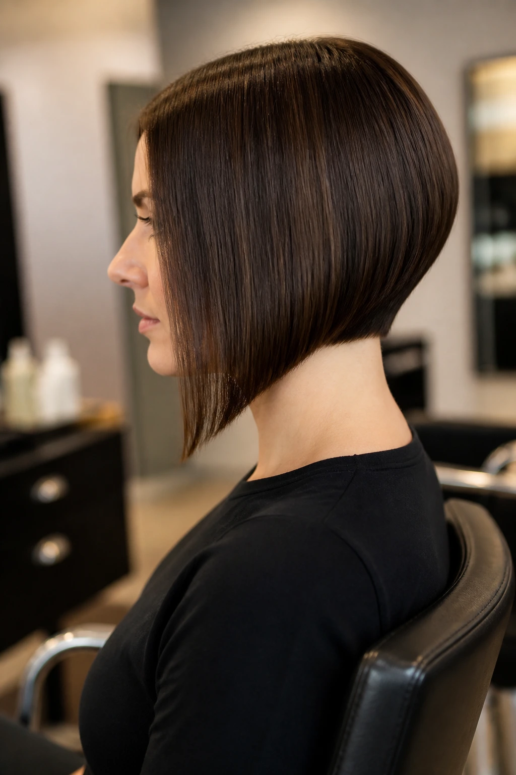 Close-up of a real person with an inverted bob showing shorter back and longer front