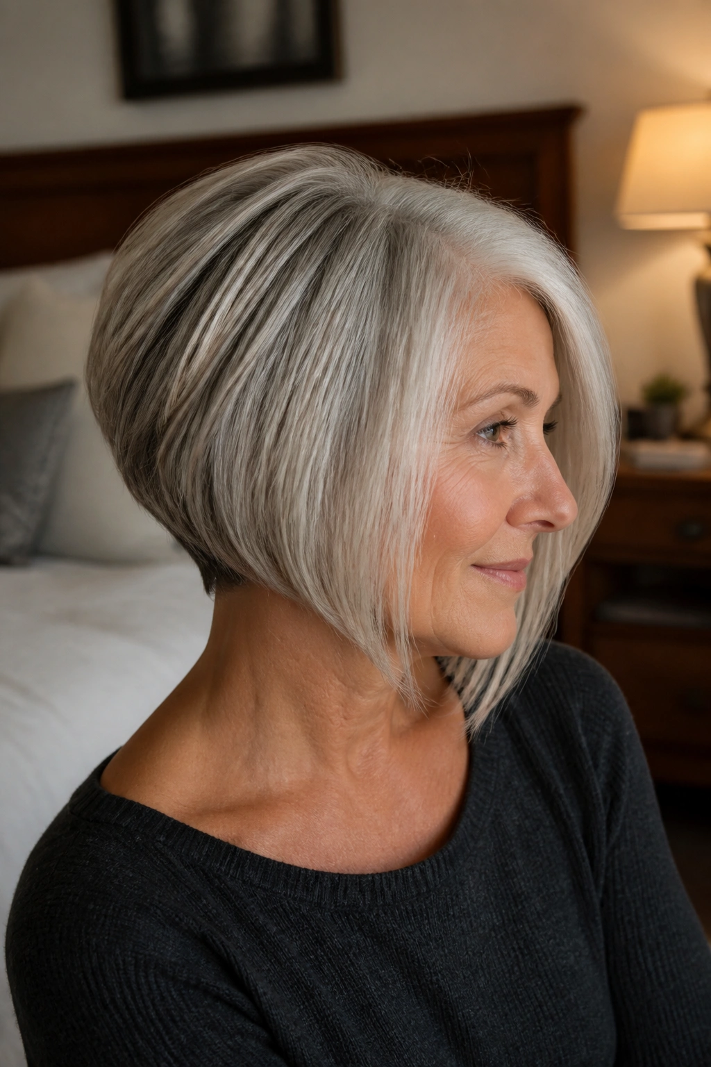 3/4 profile of real woman with inverted bob