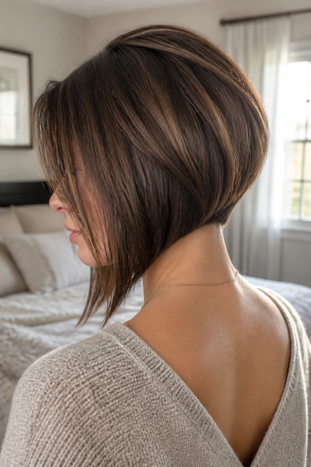 Close-up of a real woman with an inverted bob in soft window light