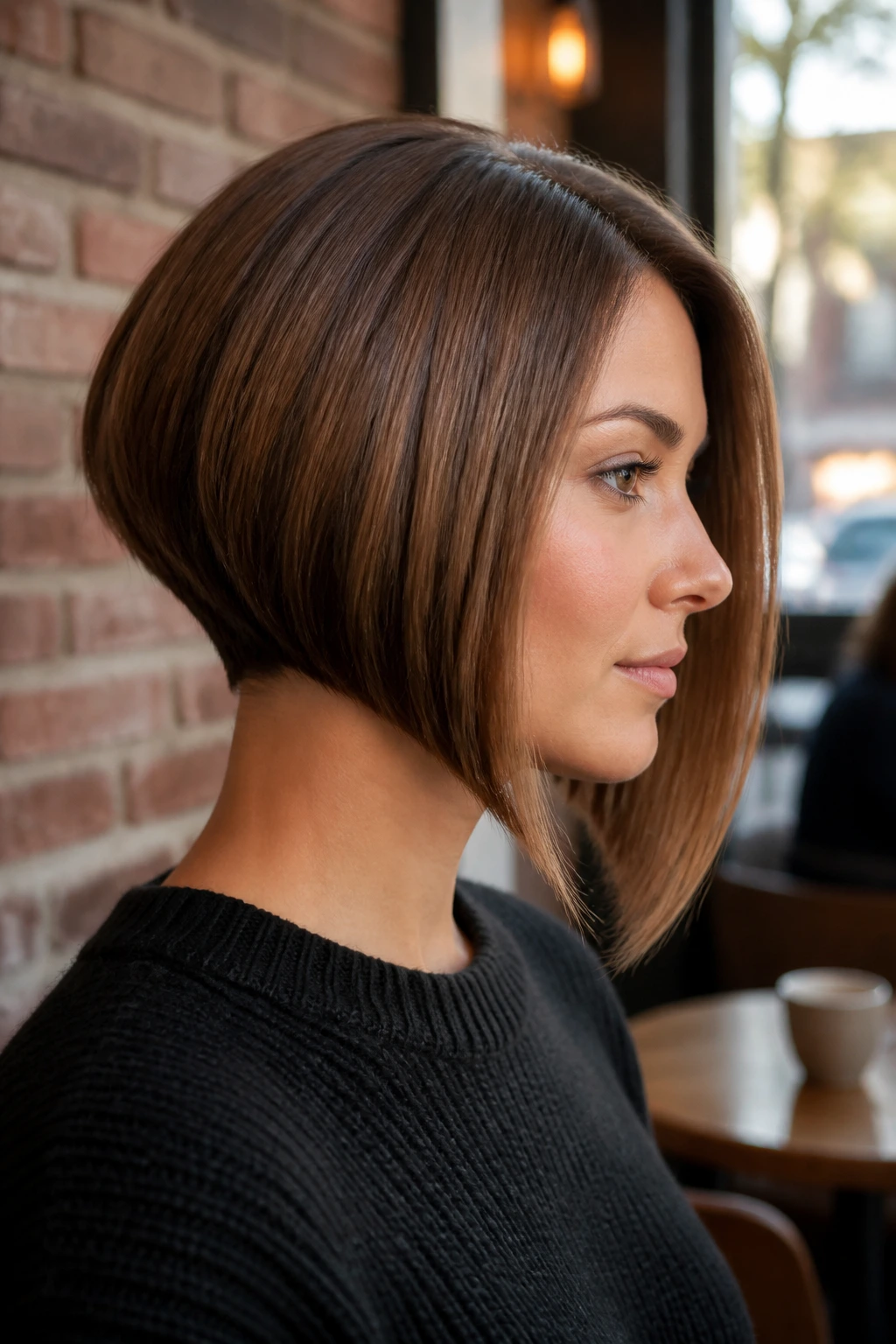 Portrait of a real woman with an inverted bob featuring a sharp angle at the back and longer front.