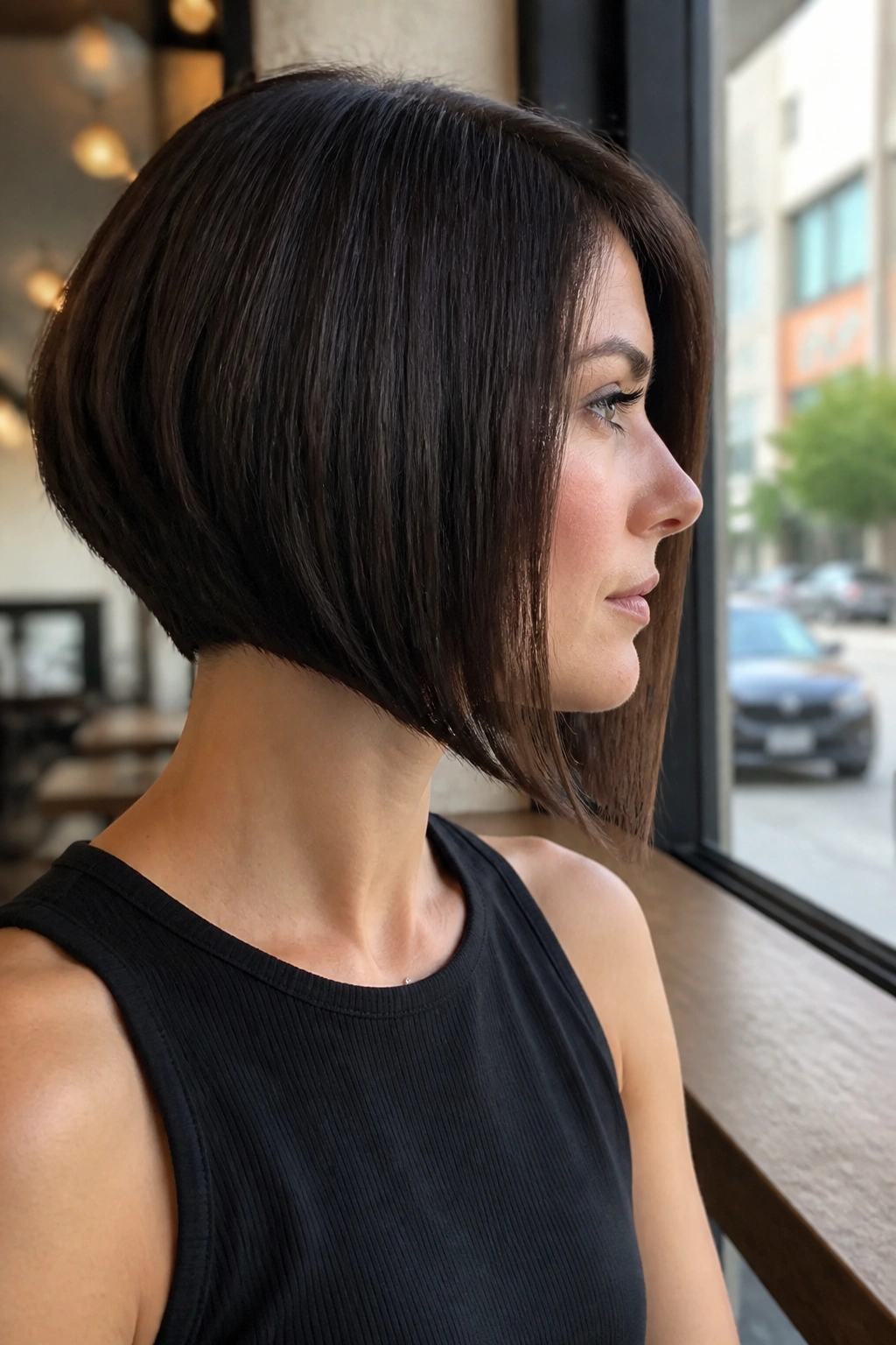 Profile portrait of a real woman with inverted bob and sharp diagonal front.