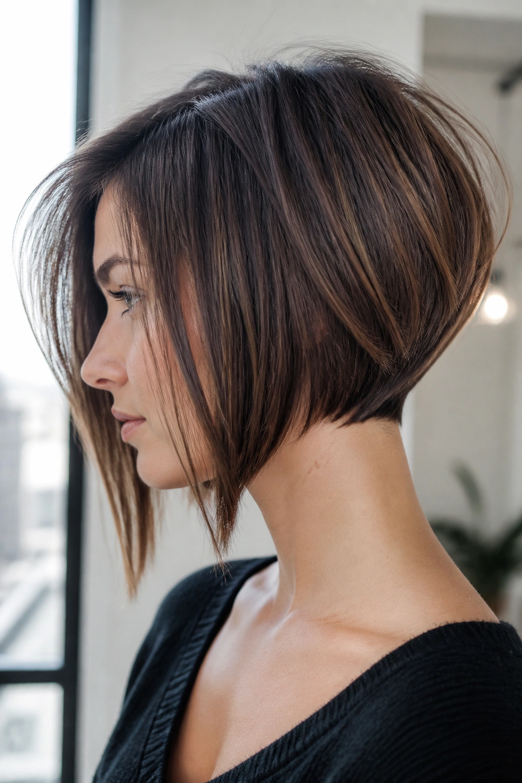 Portrait of woman with inverted bob showing short back and longer front