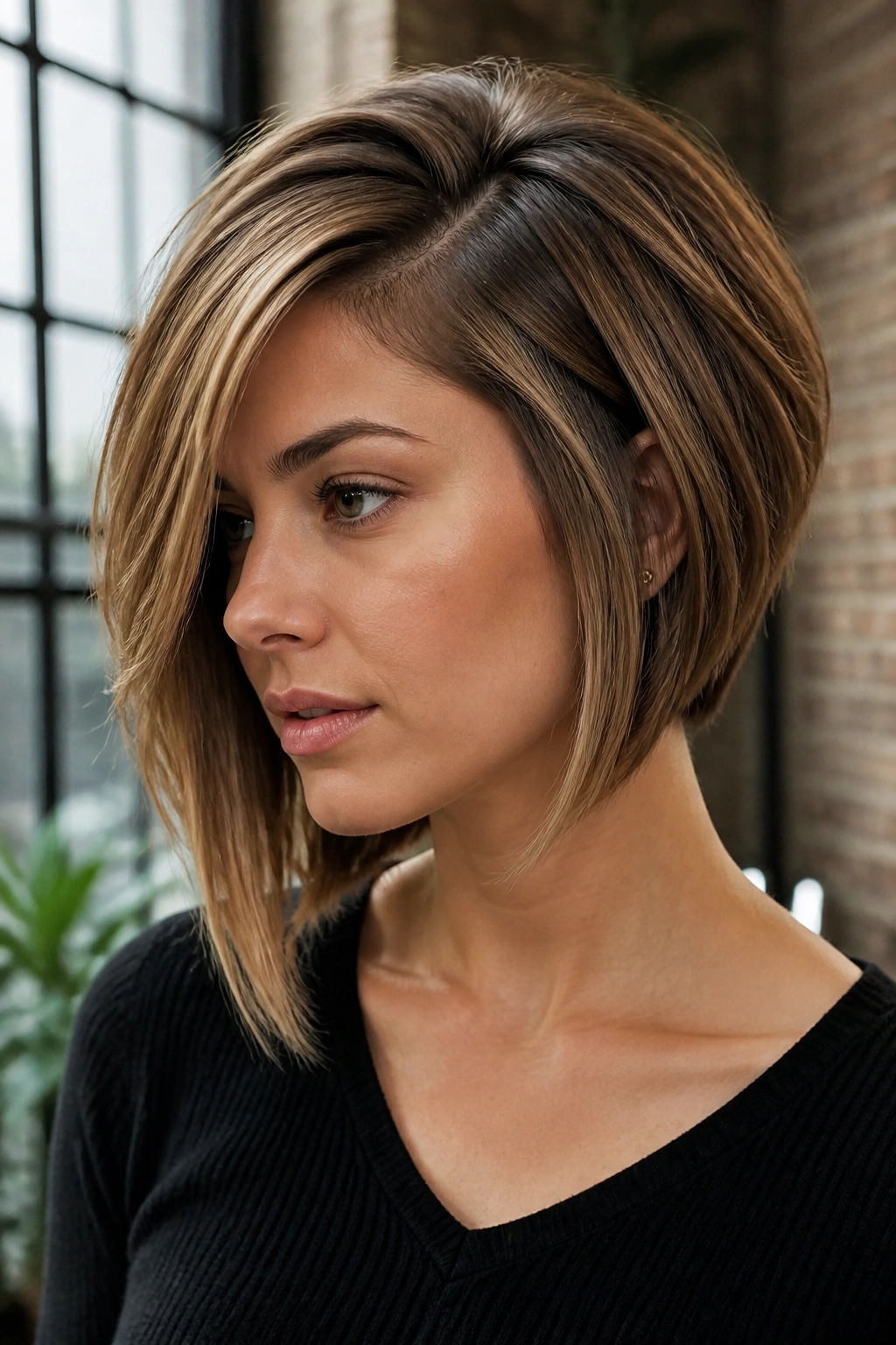 Close-up portrait of a real woman with an inverted side-part layered bob and longer front pieces