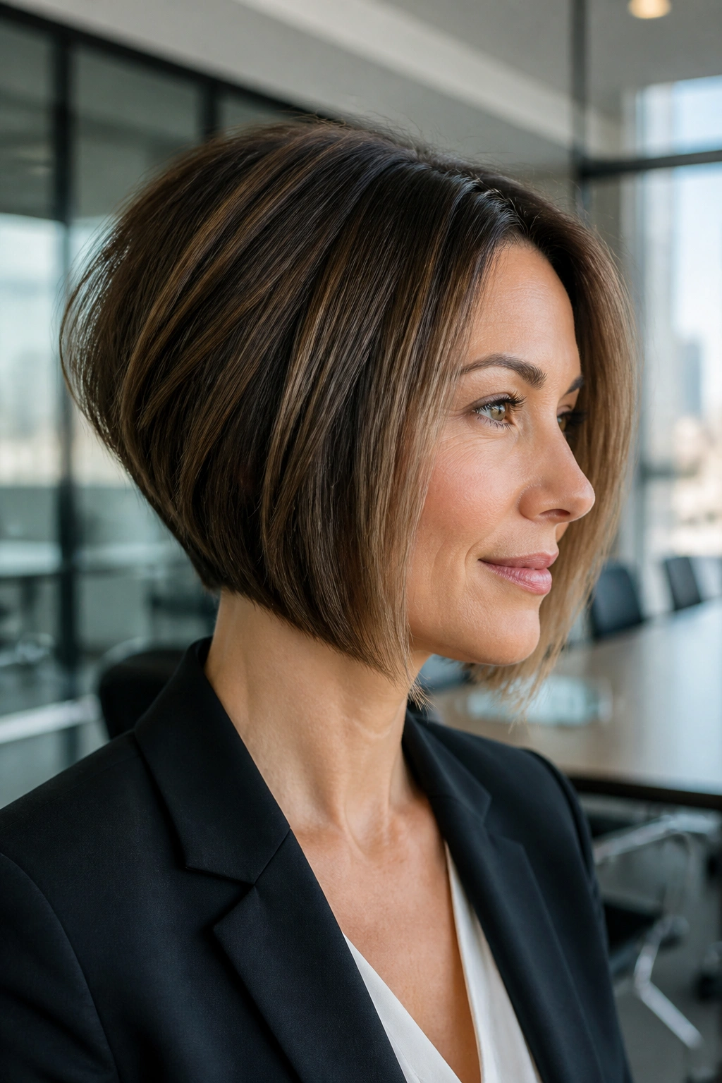 Close-up portrait of a real woman with an inverted bob in a conference room setting