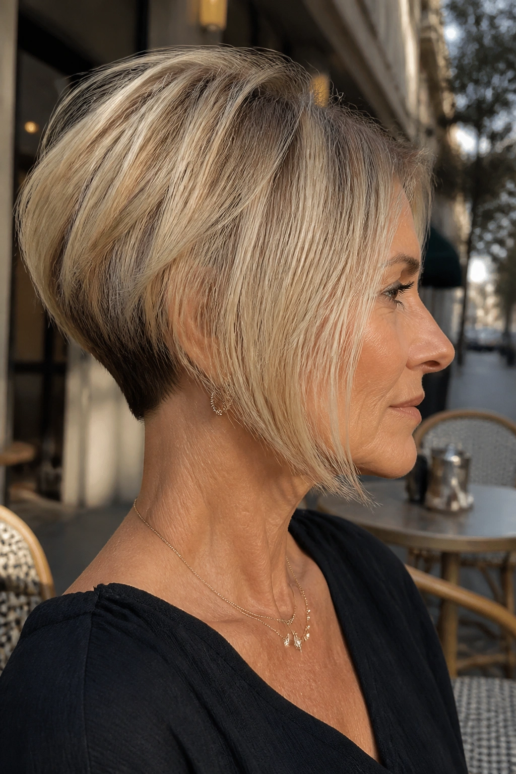 Portrait of a woman with an inverted bob and sliced ends in an urban setting