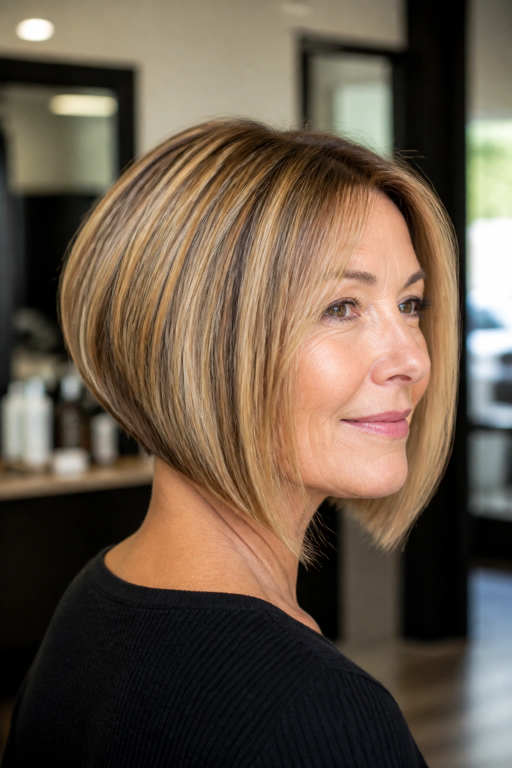Portrait of a real woman with inverted bob showing soft angle from back to front