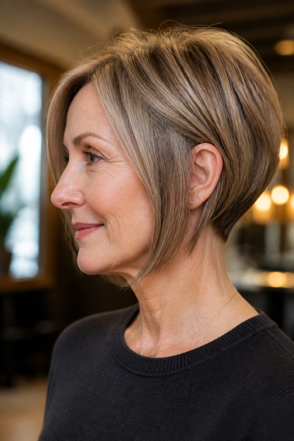 3/4 profile of a real woman with an inverted bob and stacked back.