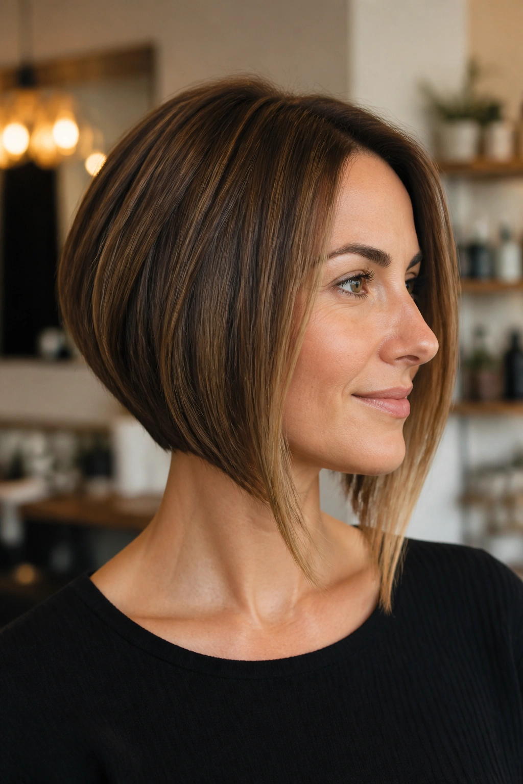 Portrait of a woman with an inverted bob and longer front pieces