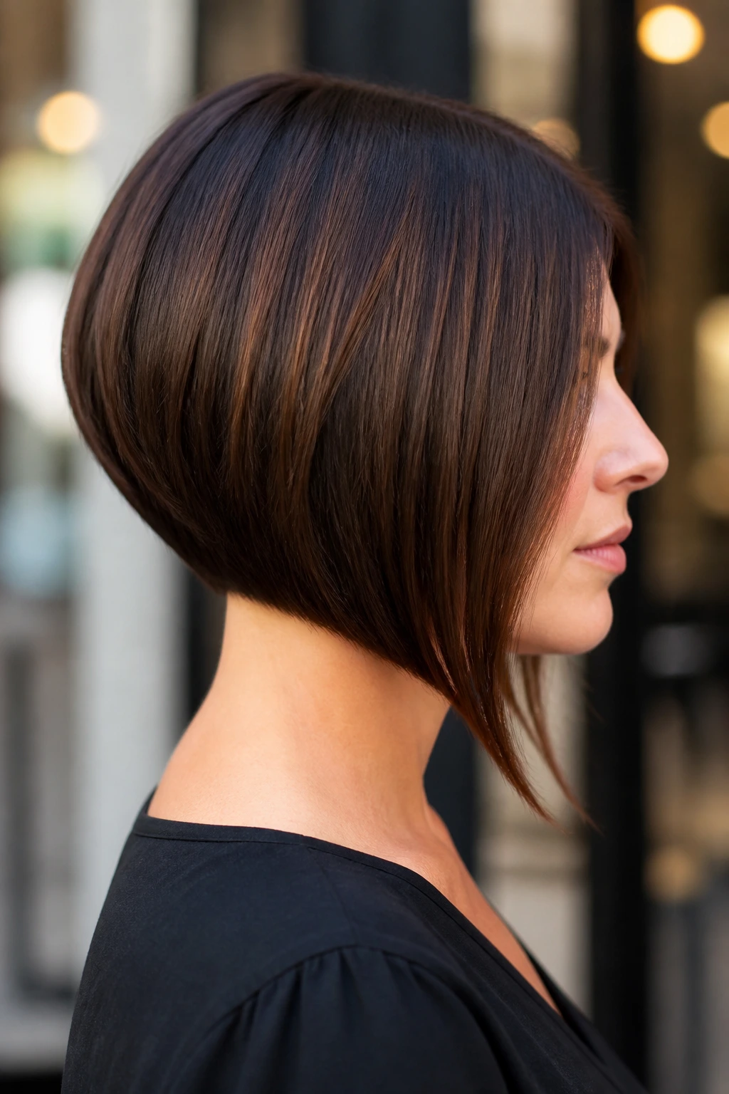 Side-profile of a real woman with inverted bob and steep angle