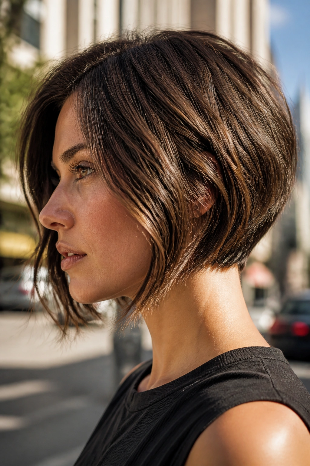 Real woman with inverted bob featuring tapered nape.
