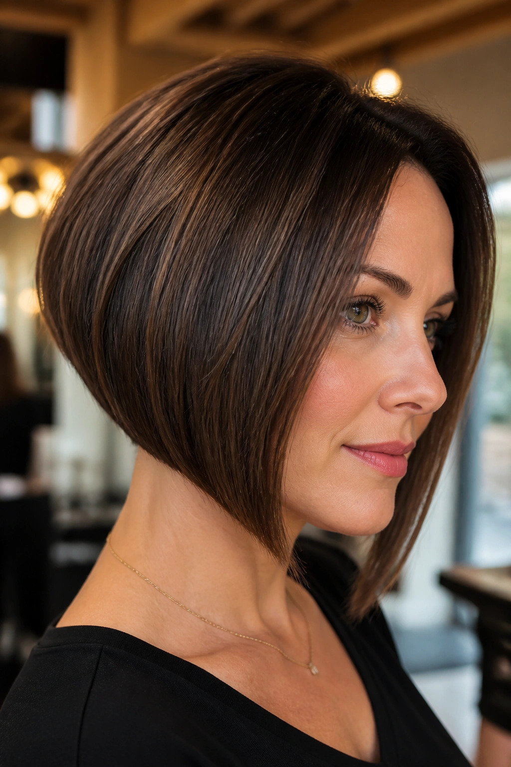 Close-up portrait of a real woman with an inverted bob and strong angle, thick hair.