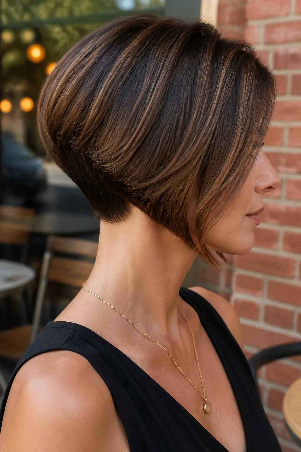 Three-quarter profile of a person with an inverted bob showing a tight nape and longer front