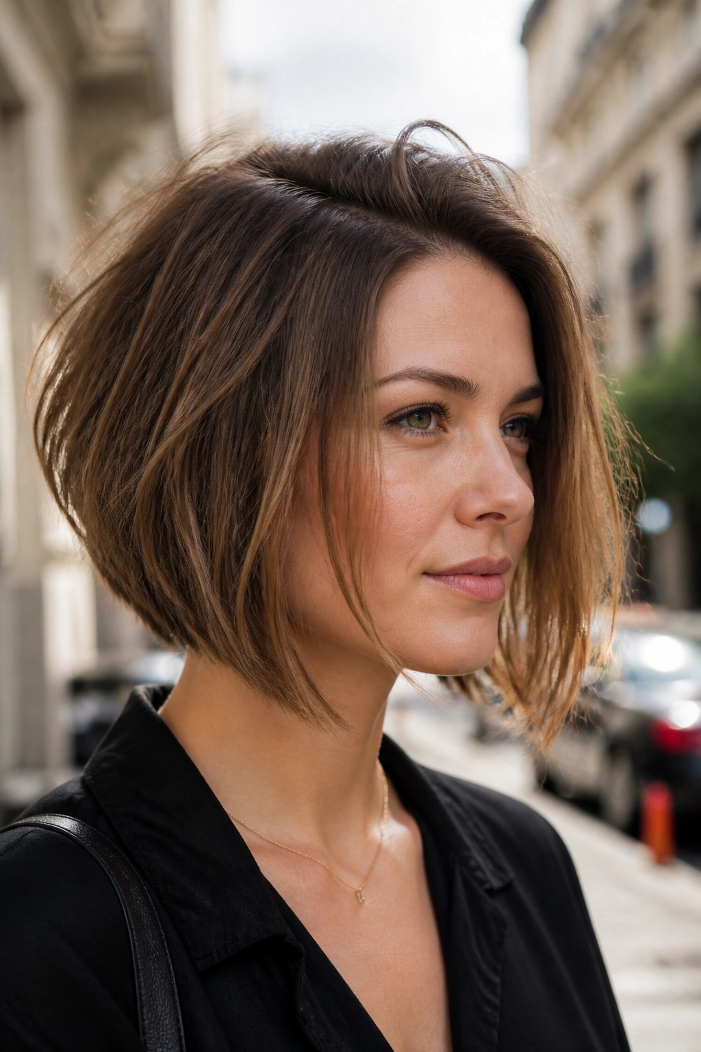 Close-up of a real woman with a tousled inverted bob and crown lift on a city street
