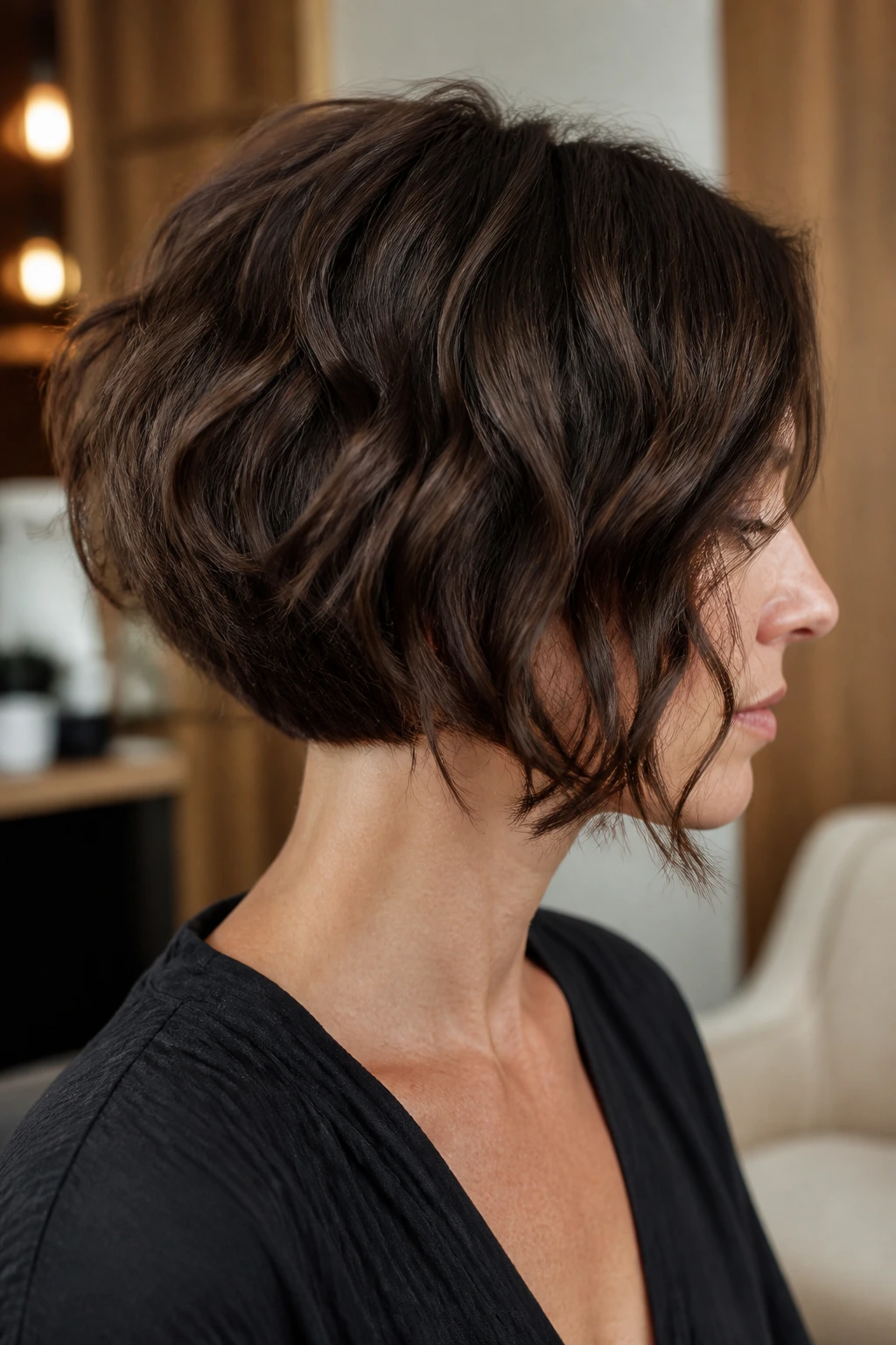 Close-up portrait of a real person with an inverted bob tucked at nape in warm dressing-room lighting