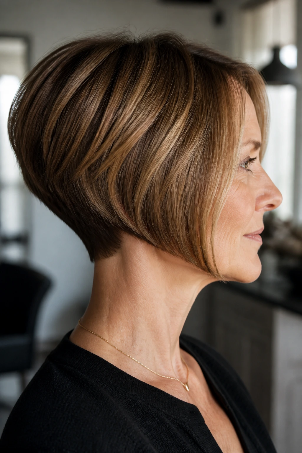 Real woman with inverted bob and tucked nape, portrait