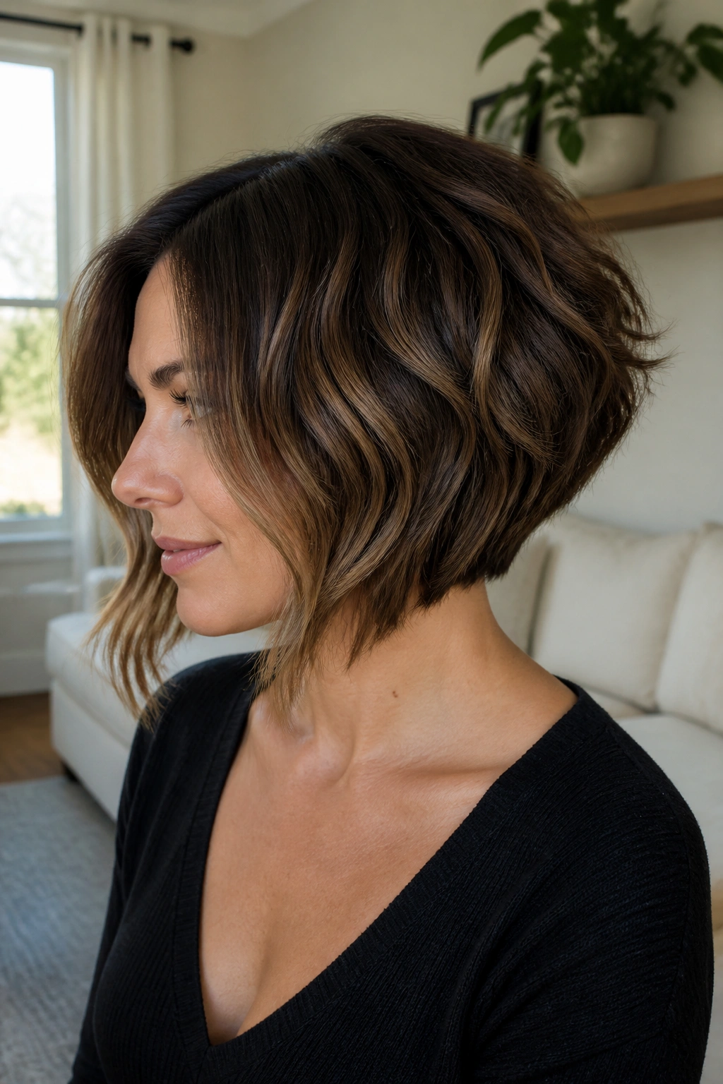 Portrait of a real woman with an inverted bob and back volume