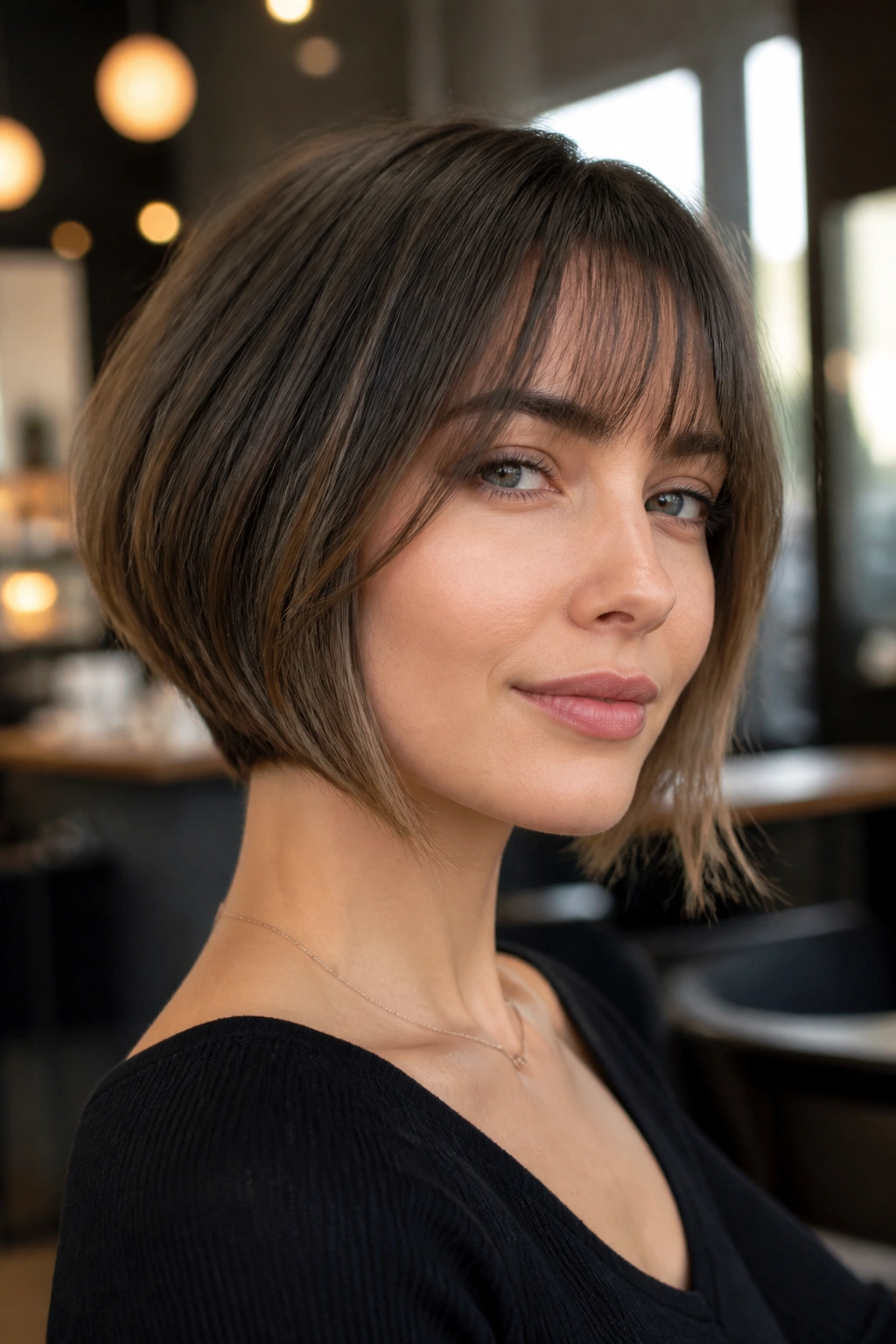 Close-up portrait of a real woman with inverted bob and wispy fringe in warm salon light