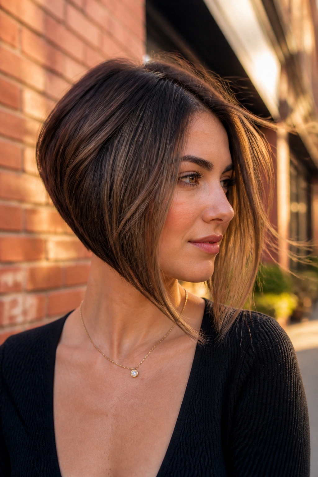 Real woman with inverted butterfly bob and longer front pieces against brick wall at golden hour
