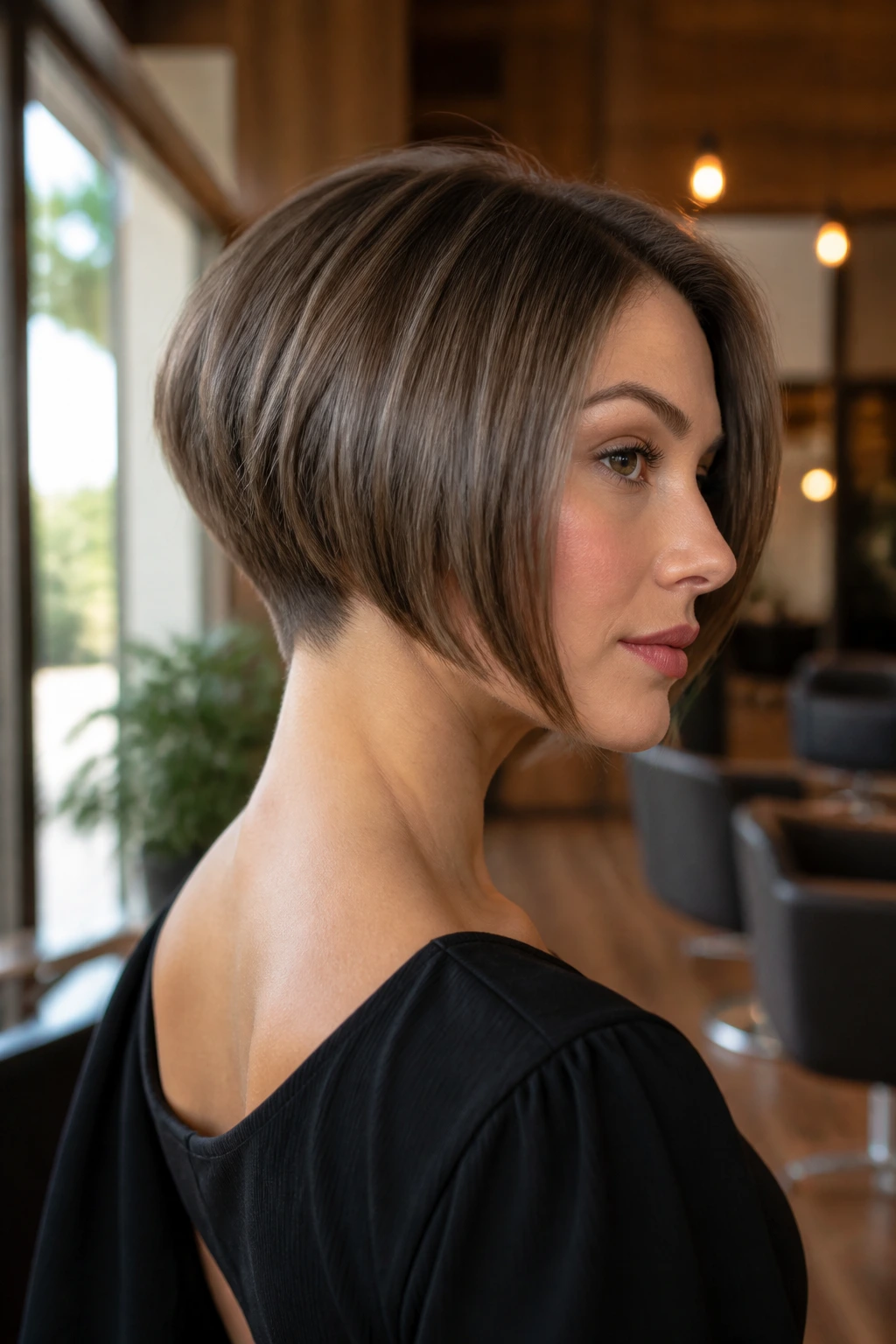Close-up portrait of a real woman with inverted chin bob and clean nape in a salon setting