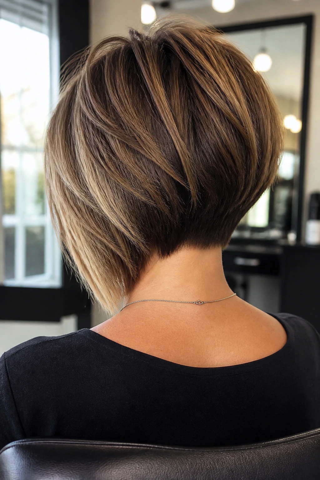 Back-view of a real woman wearing an inverted choppy bob in a salon
