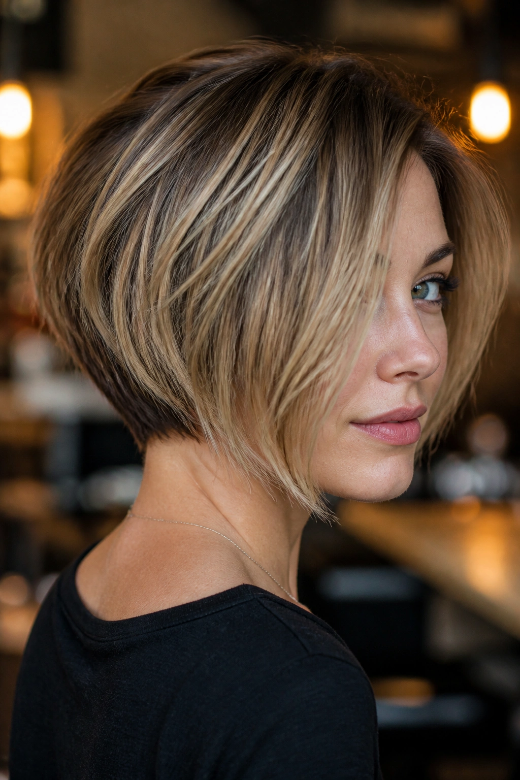 Close-up of real woman with inverted choppy bob and tucked nape
