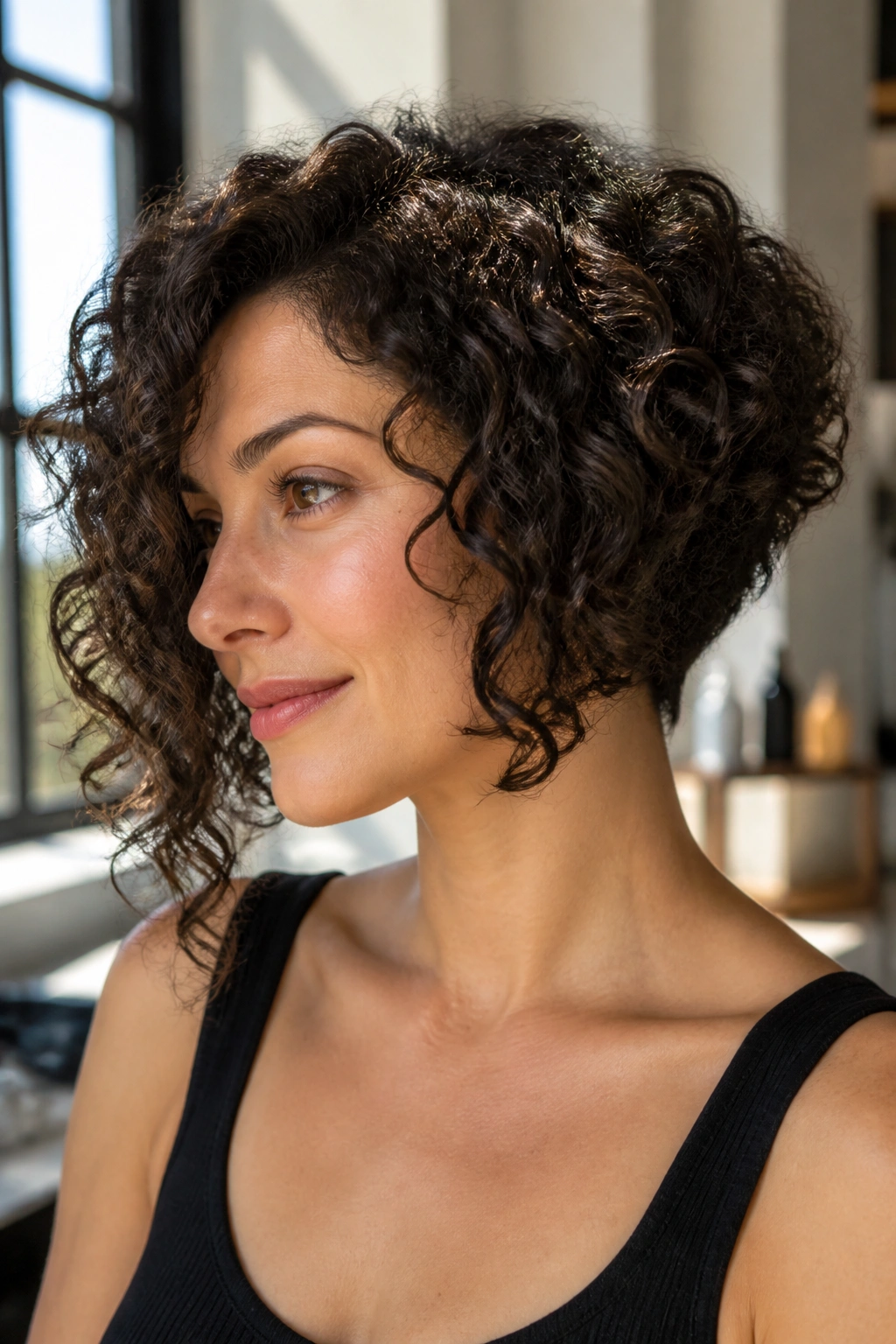 Three-quarter portrait of a real person with inverted curly bob showing short back and longer front