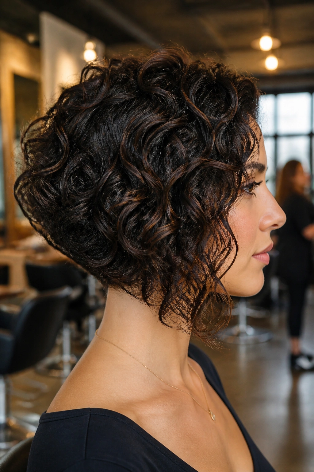 Side-profile close-up of a real woman with an inverted curly bob