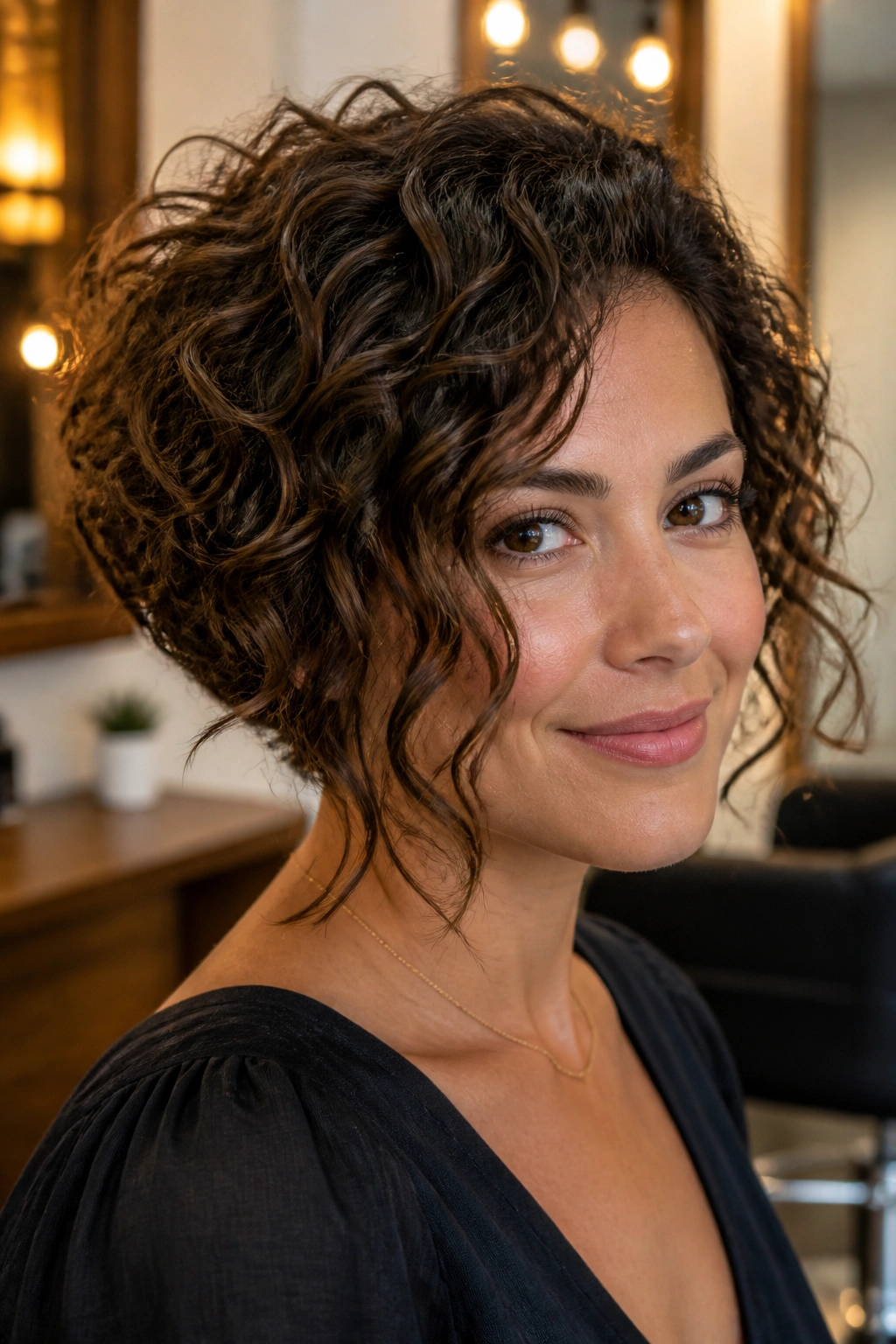 Close-up of a real woman with inverted curly bob and longer front pieces in warm salon lighting