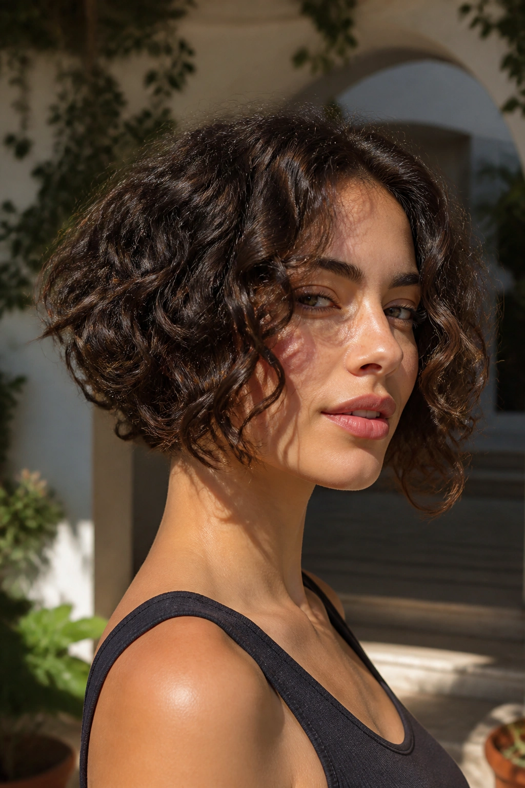 Close-up of a real person with an inverted curly bob showing shorter back and longer front.