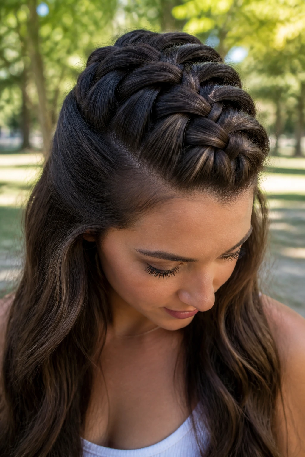 Close-up of a real woman showcasing an inverted fishtail braid resting flat against the head