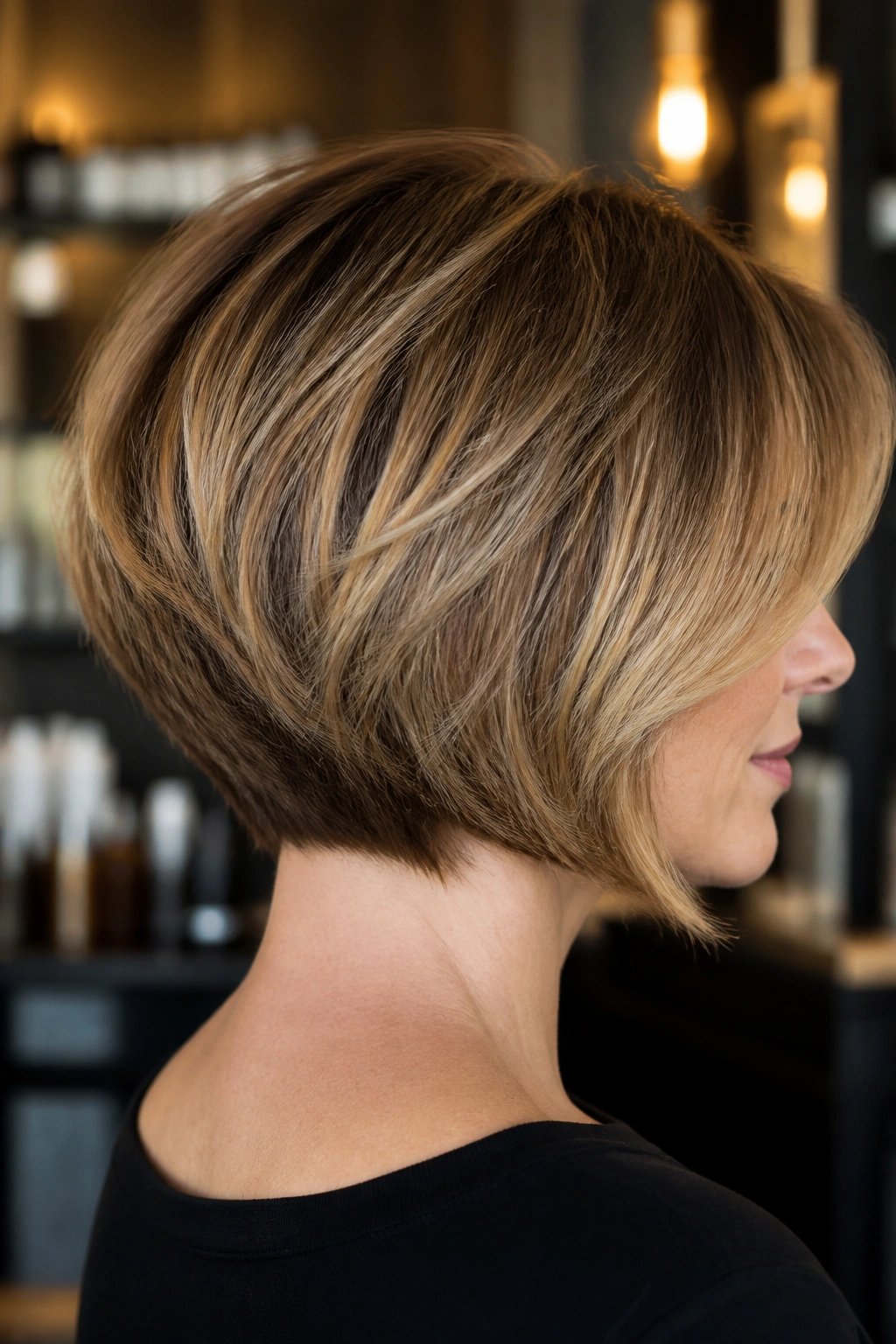Close-up of a real woman with an inverted fluffy bob showing a soft nape.