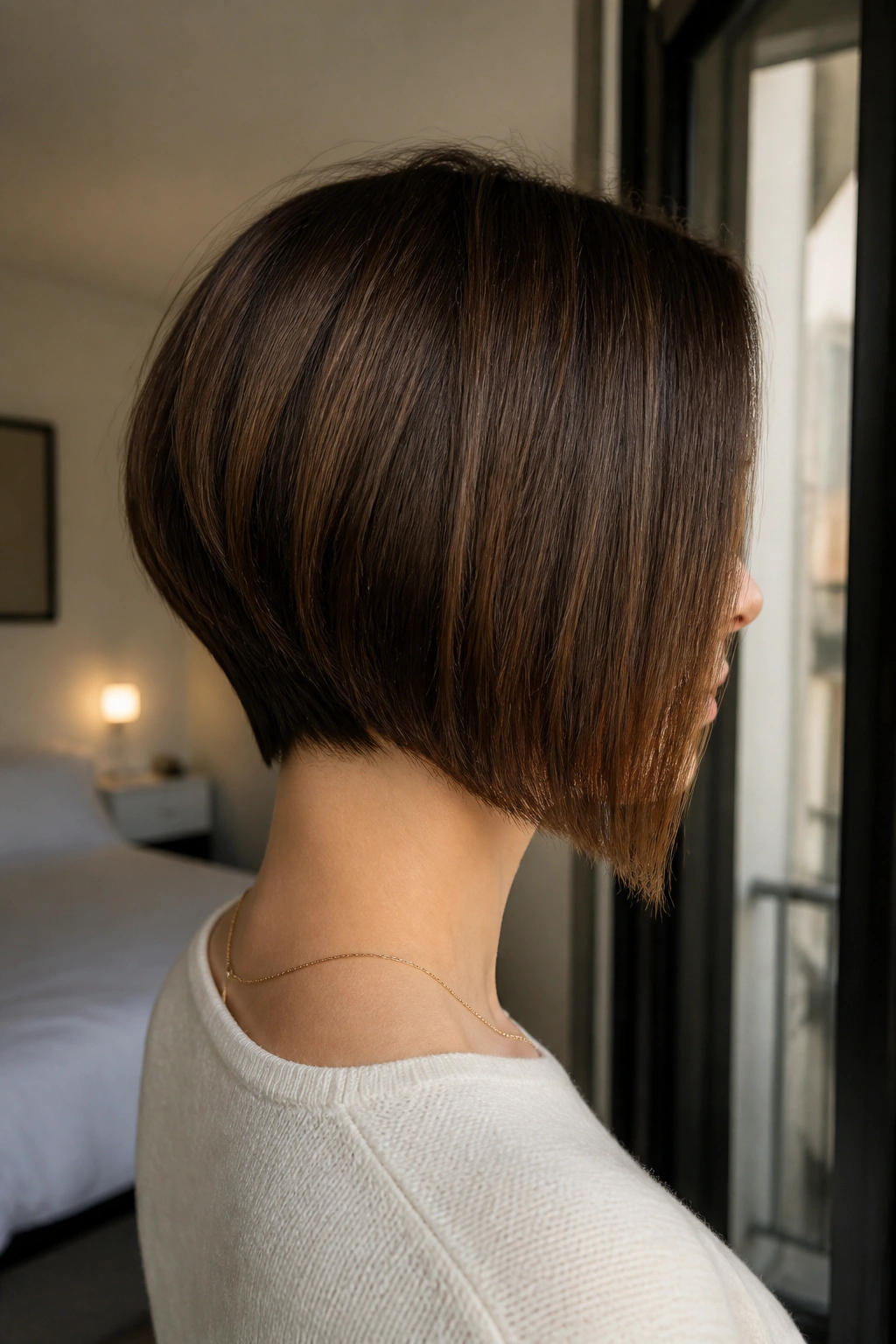 Portrait of a real person with an inverted French bob and a subtle A-line