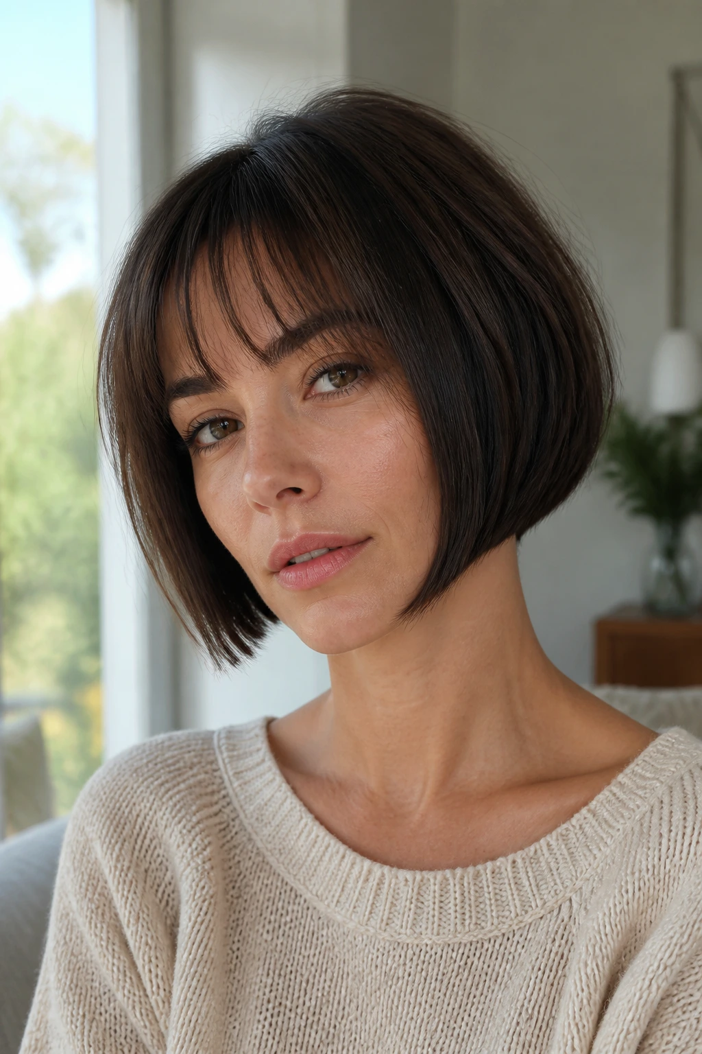Close-up of a real woman with an inverted French bob and layered bangs in a living room