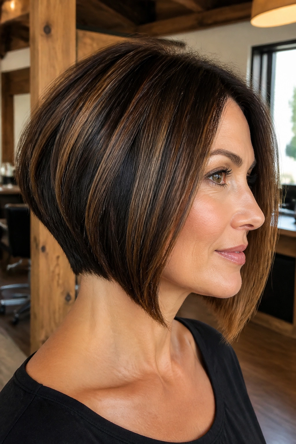 Close-up of a real woman with an inverted layered bob in a warm salon