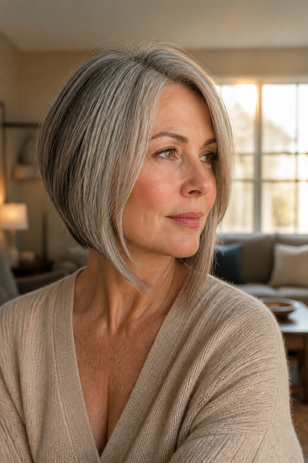 Close-up portrait of a real woman with an inverted lob on salt-and-pepper hair