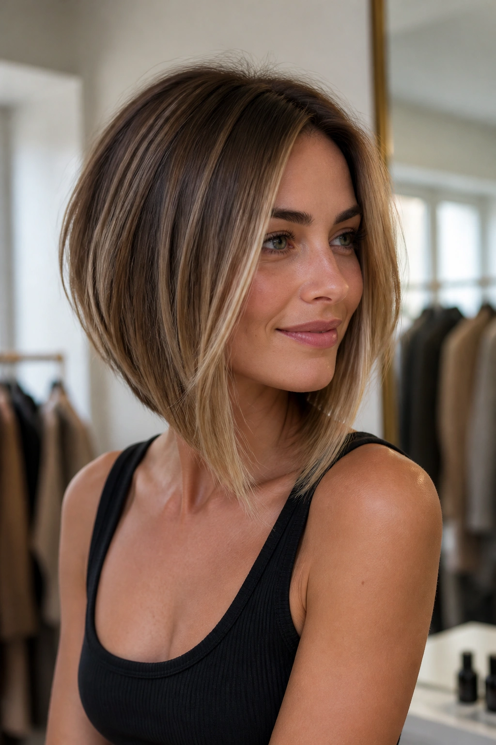 Portrait of a woman with inverted lob and longer front pieces.