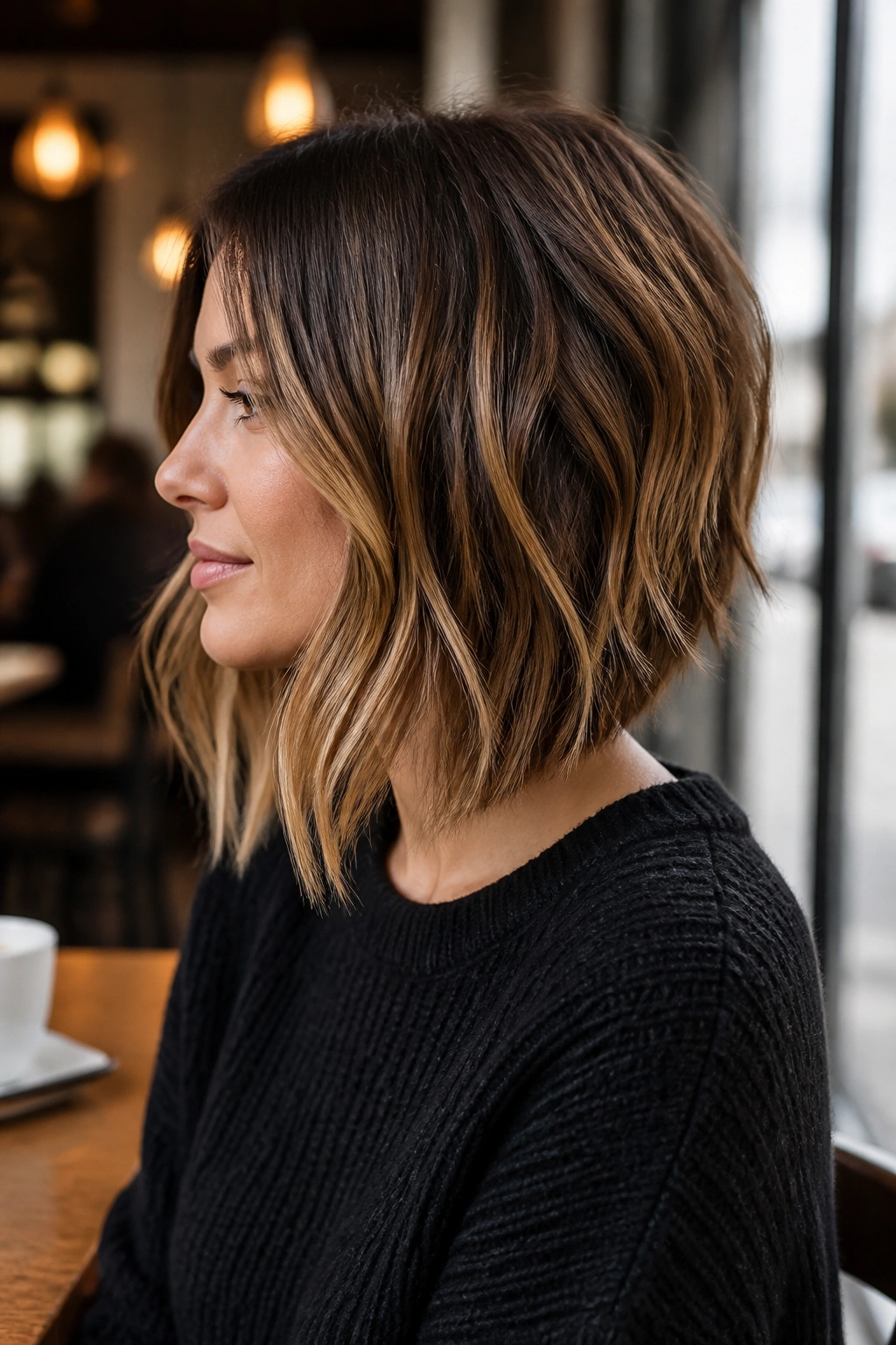 Side-profile of a woman with an inverted lob