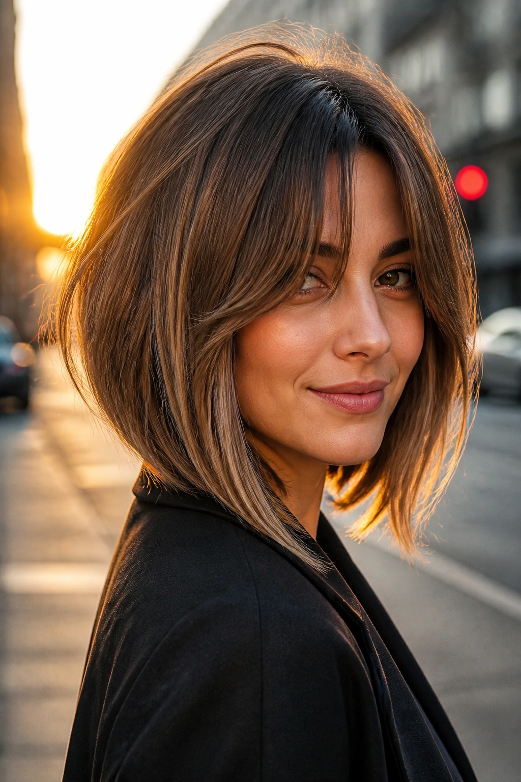 Portrait of a real woman with inverted long bob and curtain bangs on a city street at golden hour