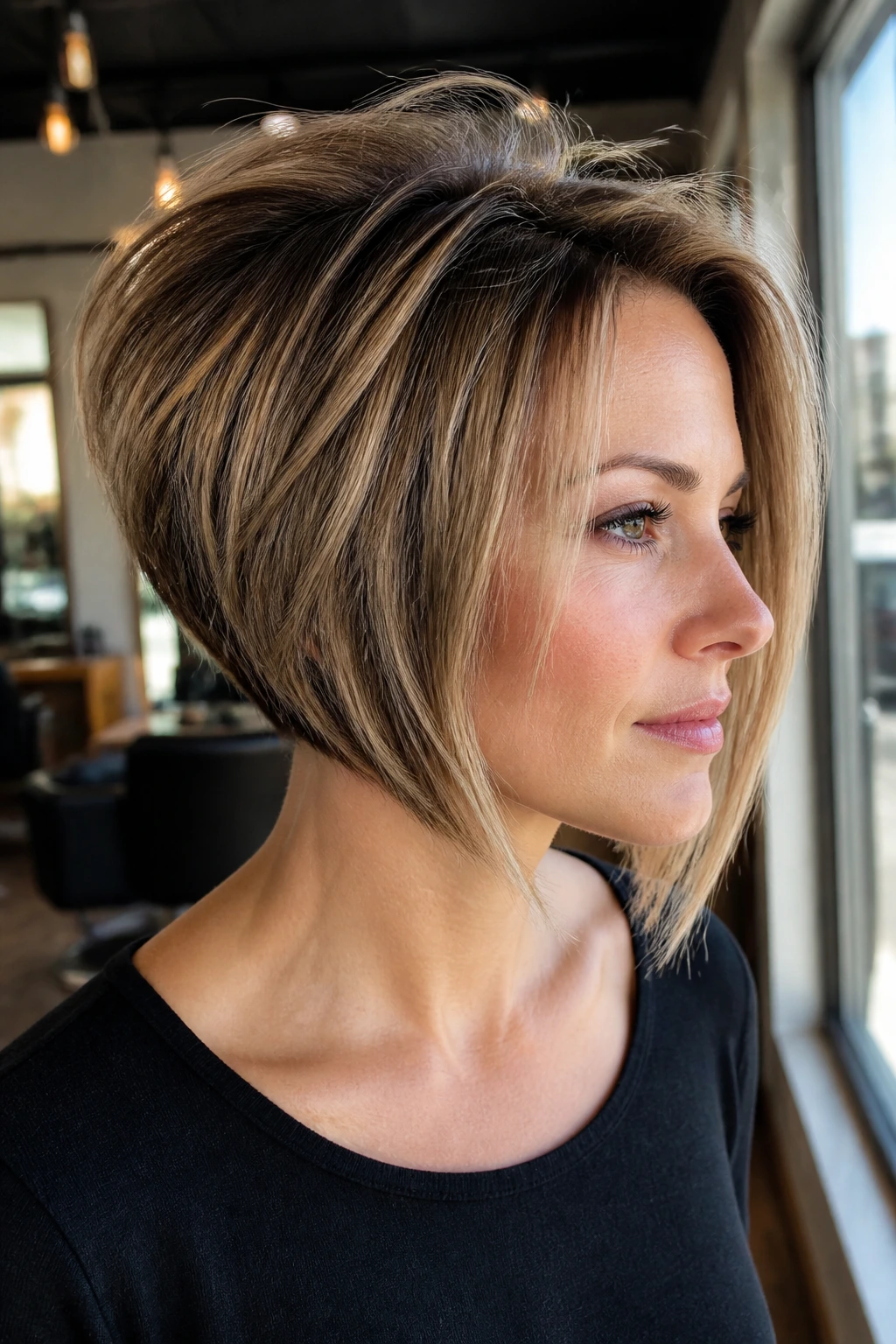 Close-up portrait of a real woman with an inverted razor bob and crown lift in a salon.
