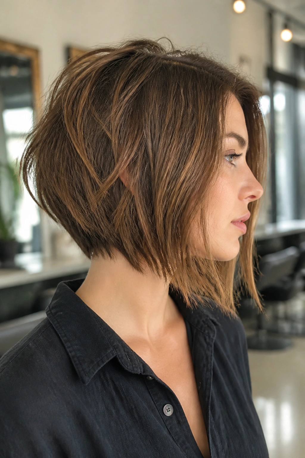 Real woman with inverted shaggy bob in bright salon lighting, close-up