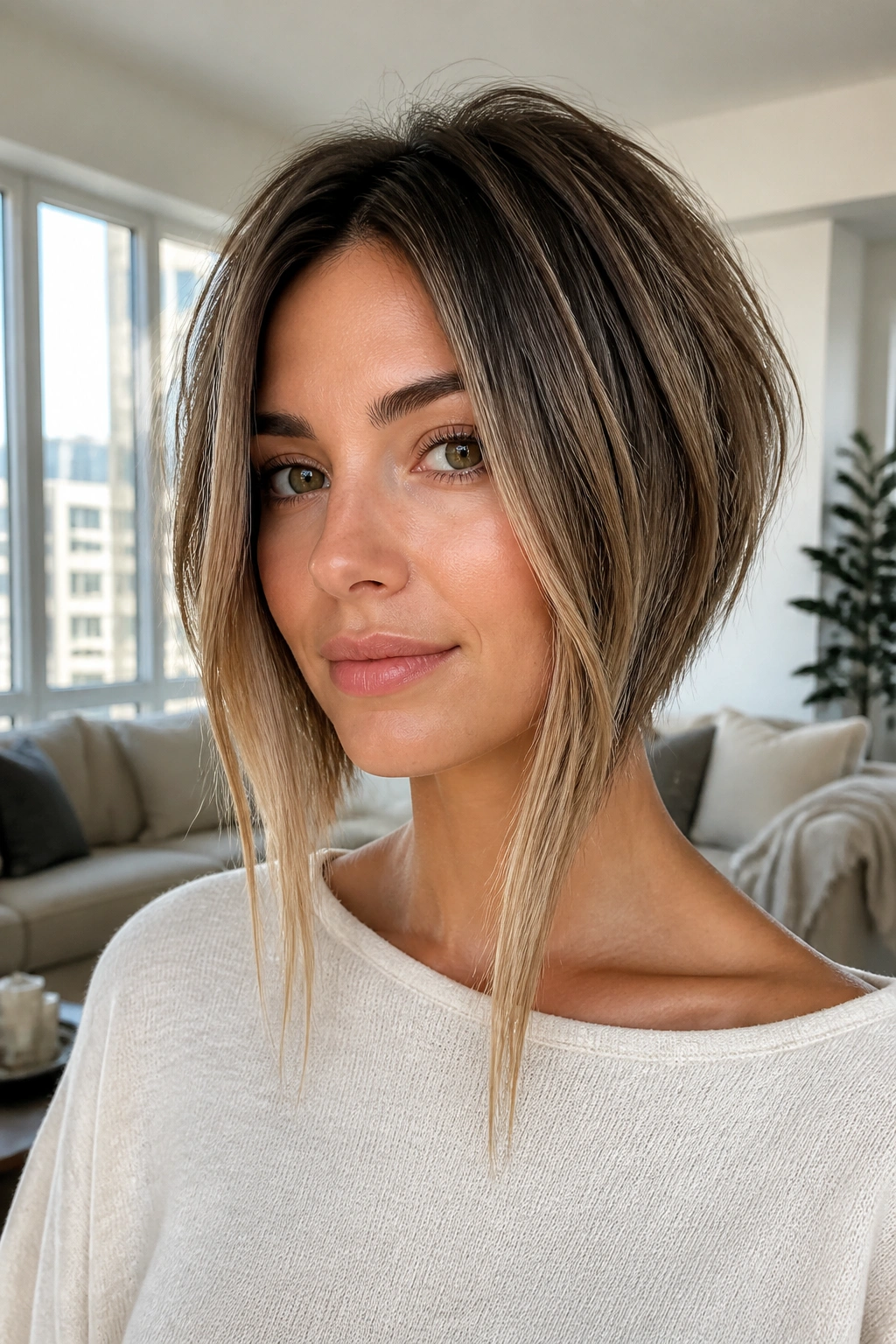 Real woman with inverted shaggy bob and long front pieces in a bright living room