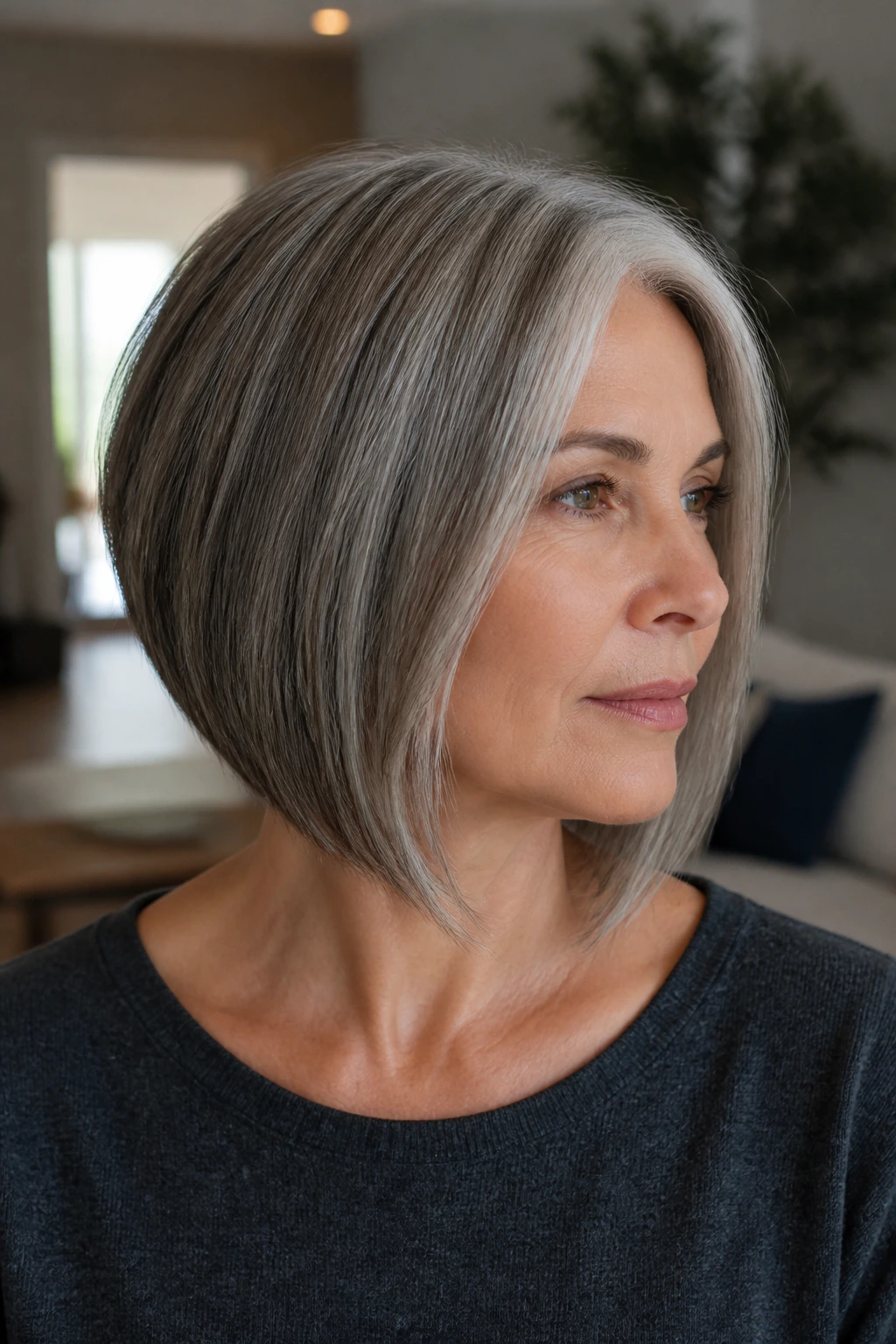 Close-up portrait of a real woman with an inverted shoulder bob showing stacked back and front length