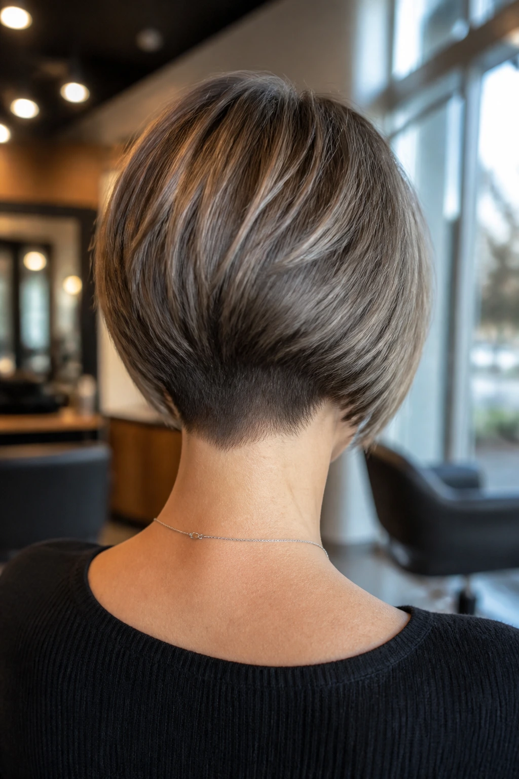 Back-of-head shot showing Short Inverted Stack hairstyle with exposed nape on a real person.