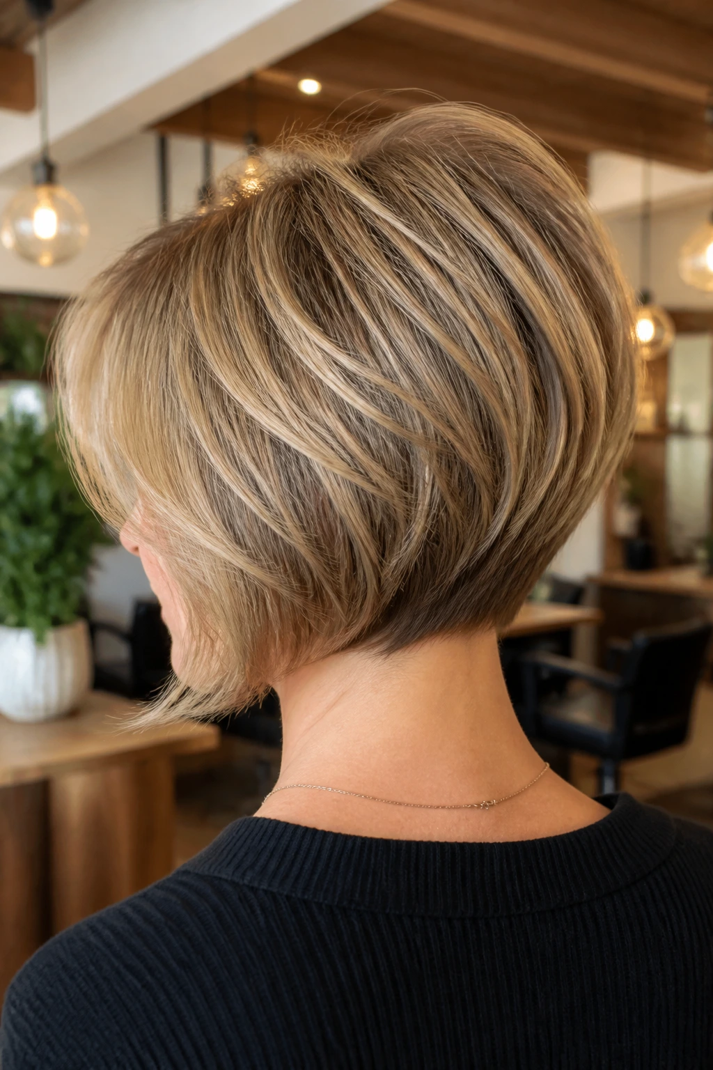 Back-view of a real woman with an inverted stacked bob and soft curtain bangs