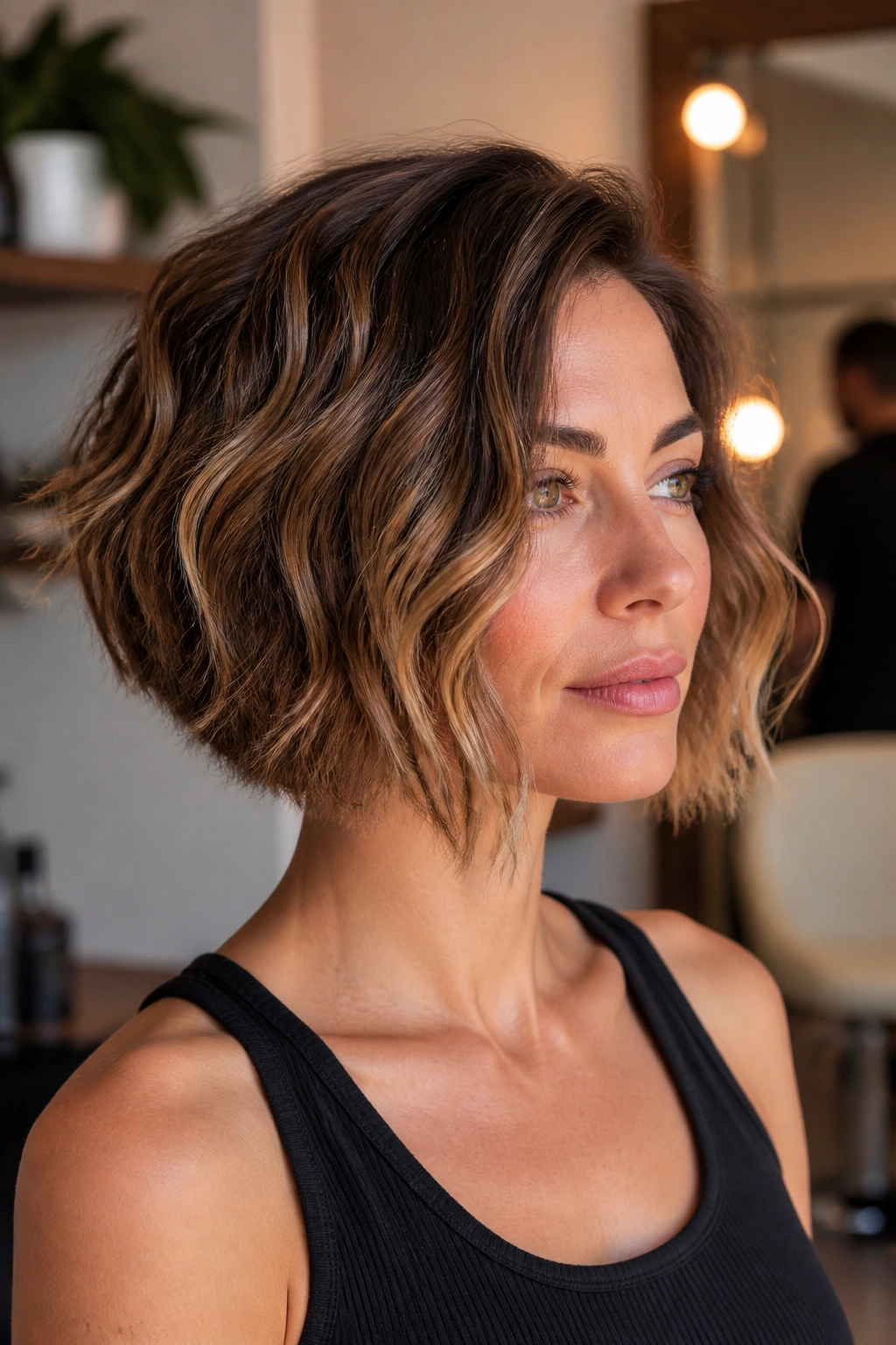 Close-up portrait of Inverted Wavy Bob With a Shorter Back on a real person, shorter nape and longer front