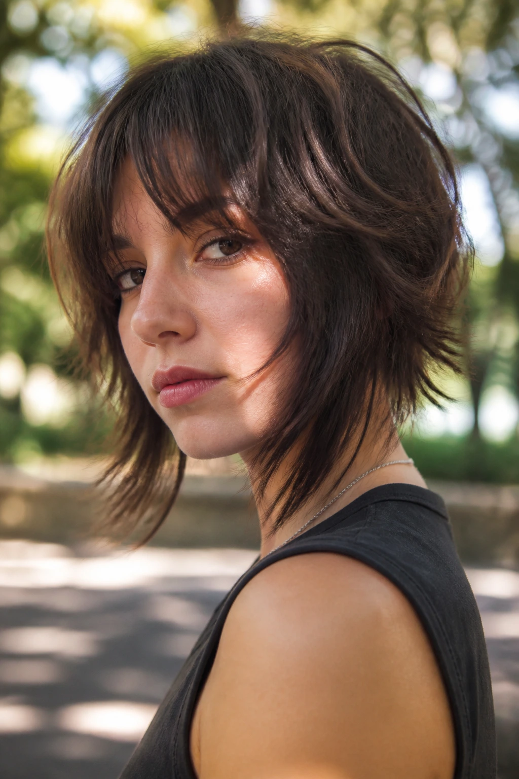 Close-up real person with Shaggy Inverted Wolf Cut Bob in park light