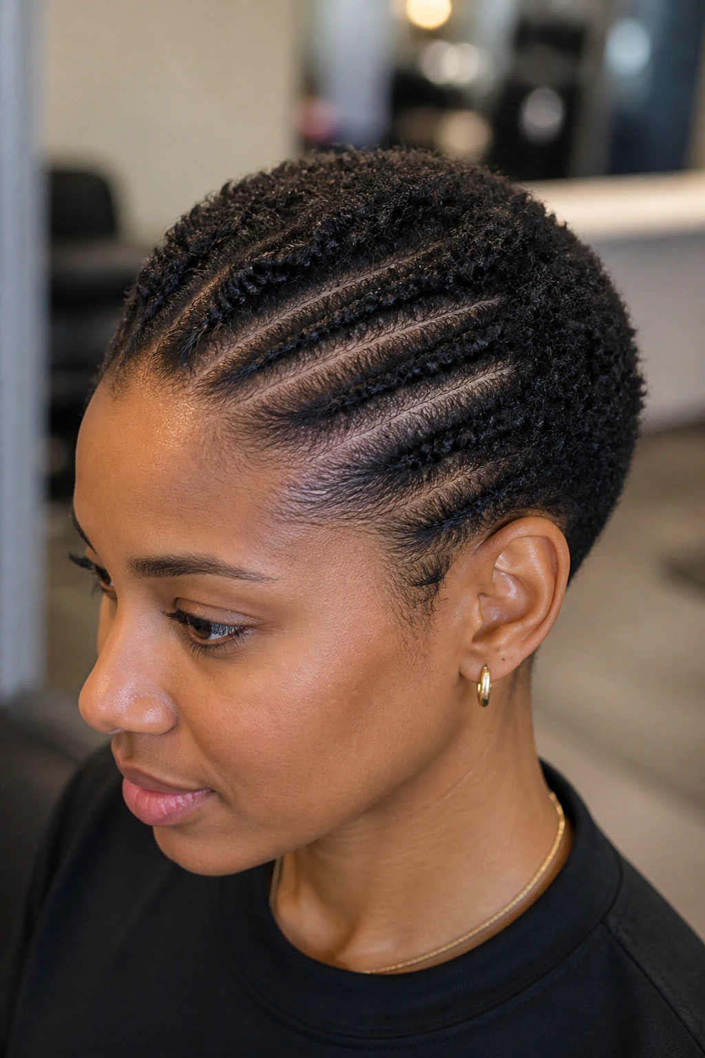 Close-up of real person with invisible cornrow rows on short hair