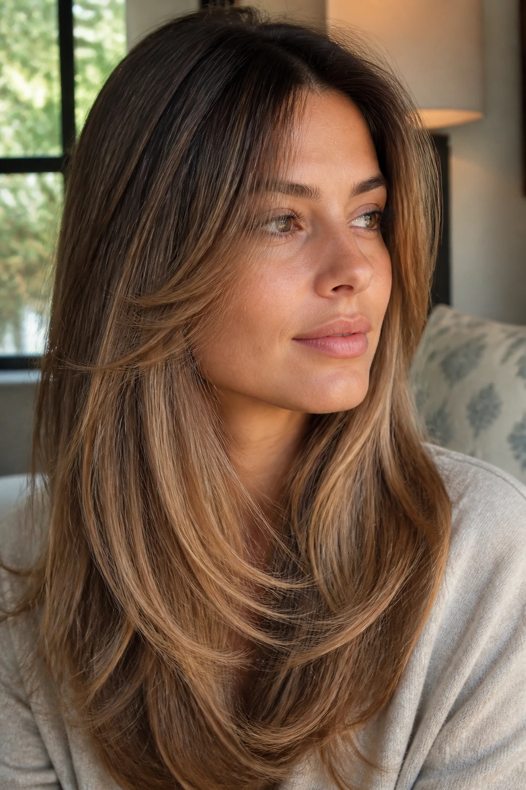 Real woman with subtle front layers framing the face softly