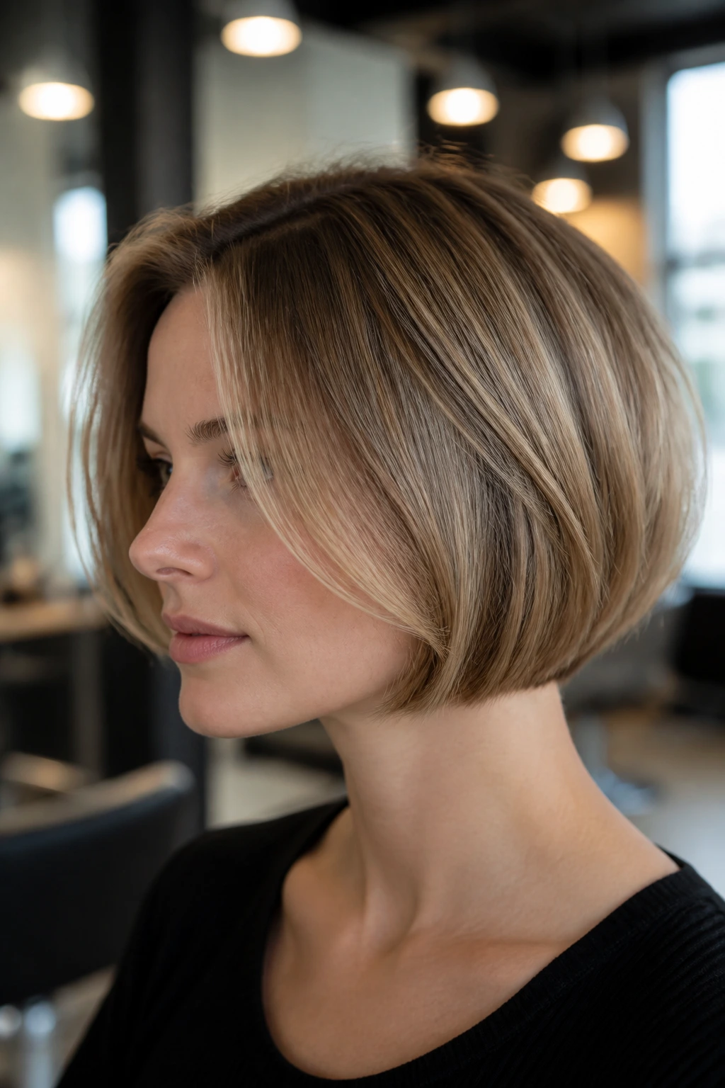 Close-up of fine-haired woman with invisible layers of a chin-length bob in a salon